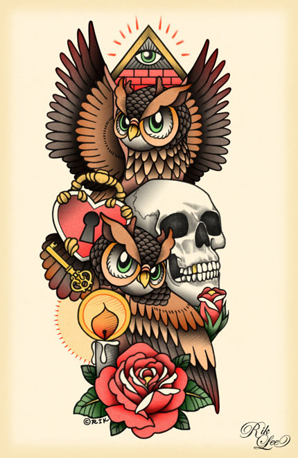 Owl tattoo flash art