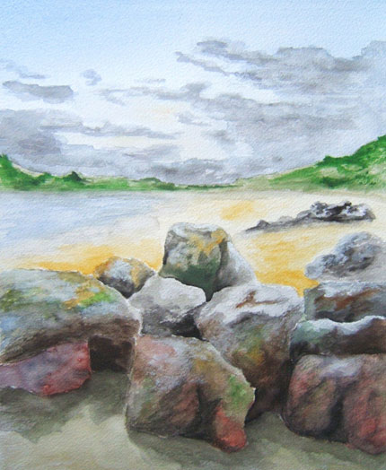 Anne Ellard Watercolour painting of rocks by the sea
