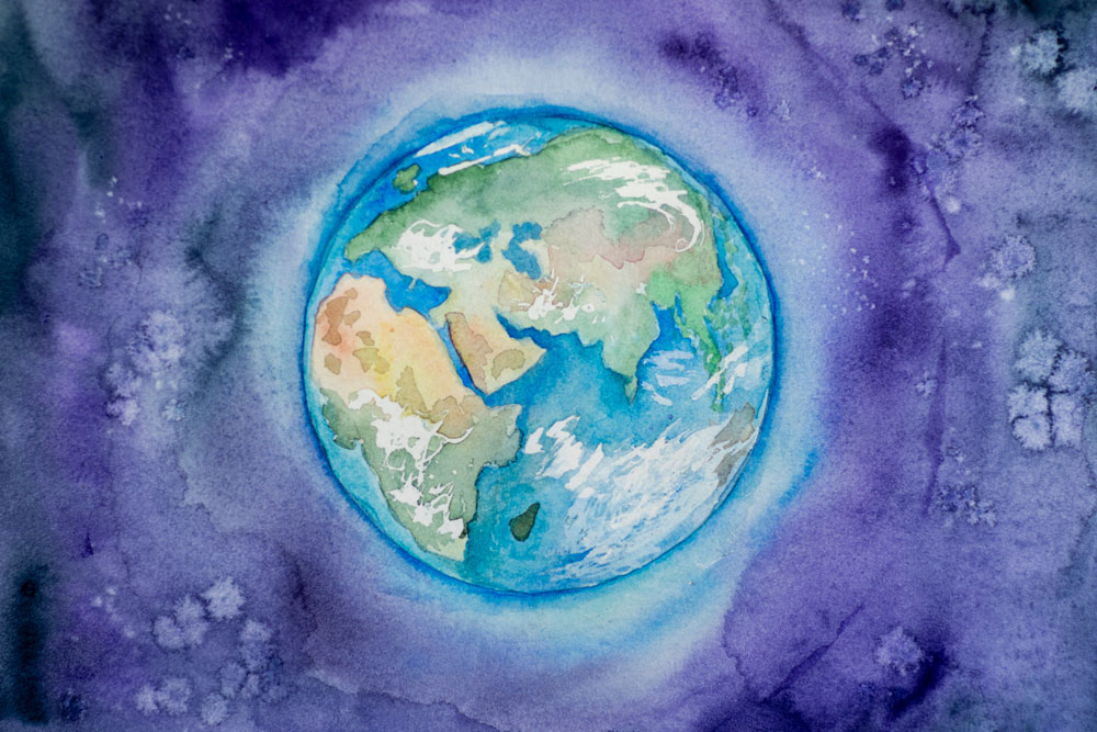 Earth illustration painted in watercolour on purple background